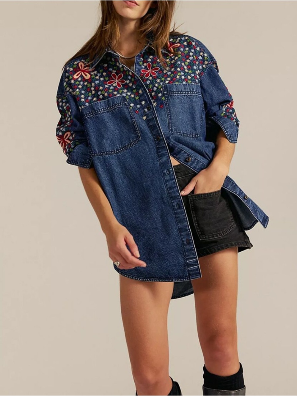 Free People We the Free Rainbow Embroidered Denim Shirt